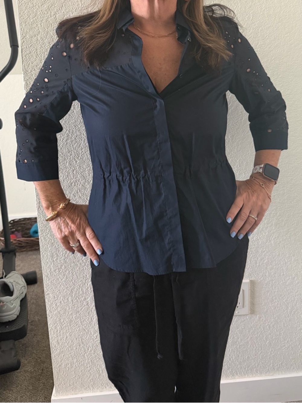 Akris Punto Authentic Navy Eyelet Button-Down Peplum Shirt
